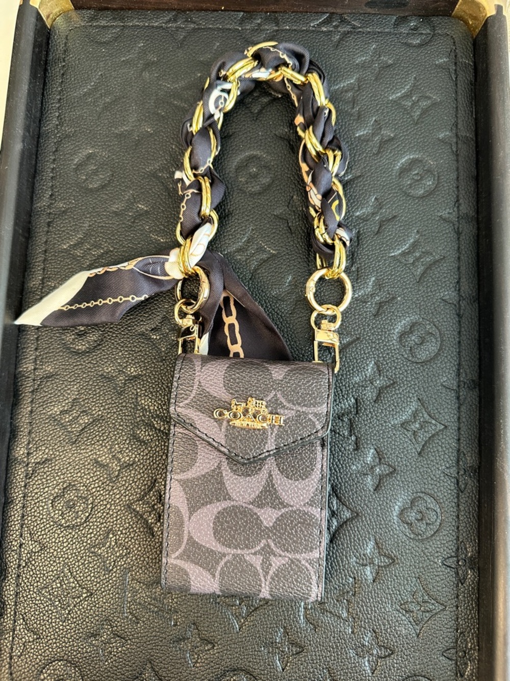 Coach Gray/Black Signature Card Case Holder with Scarf-Wrapped Chain